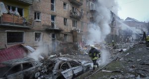 Building On Fire, Debris Falling On Kyiv After Russian Attack On Ukraine