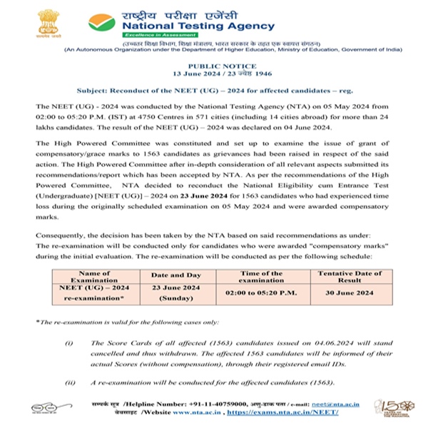Retest Of NEET-UG Examination For One Thousand 563 Candidates Taking Place Today